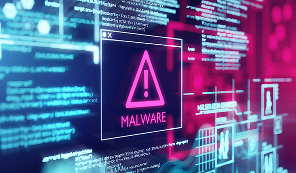 Computer screen displaying purple malware warning